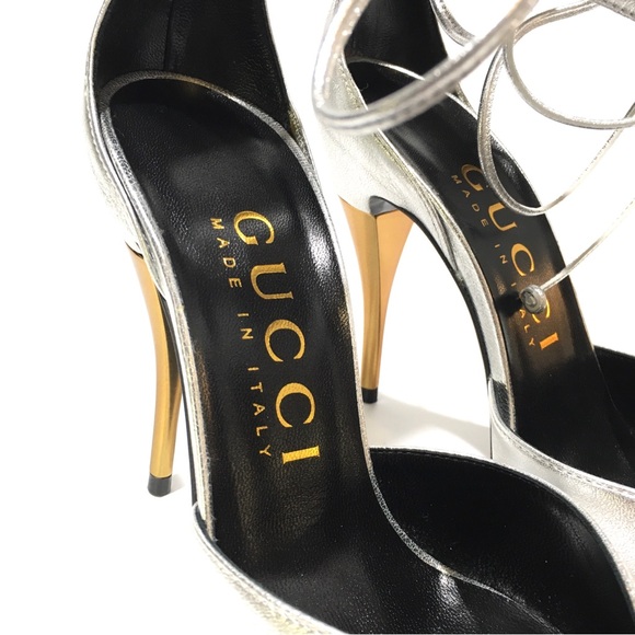 GUCCI ANKLE CUFF PUMPS -SILVER LEATHER / GOLD HEELS -US 7 -NEW - Picture 11 of 13